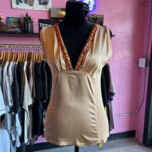Vintage Luxe Arden B Y2K Orange Gold Beaded Cami Top V-neck Size S